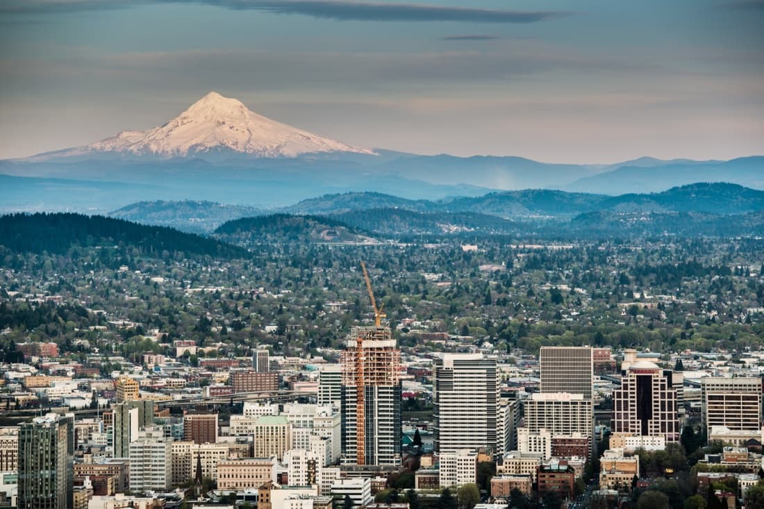 Mt. Hood rising behind downtown Portland