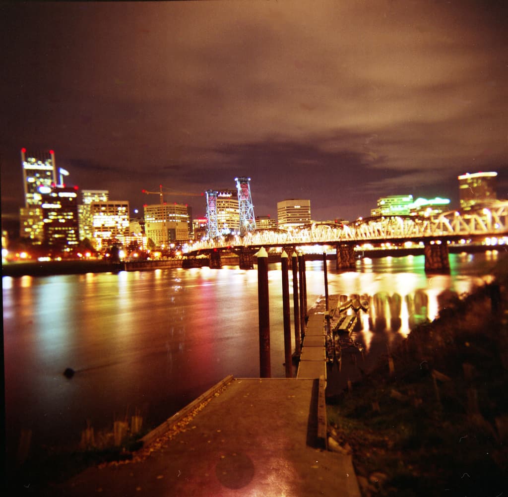 The Portland waterfront and Hawthorne Bridge at night